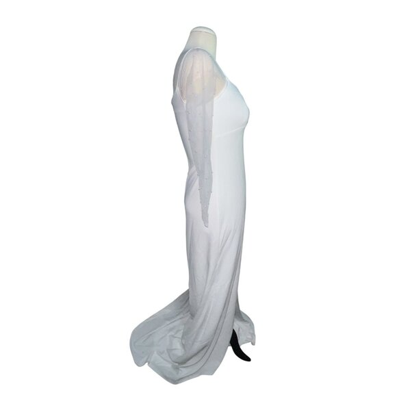 Lulus Eternally Beloved White Mesh Off-the-Shoulder Pearl Maxi Wedding Dress Sz - Picture 14 of 16